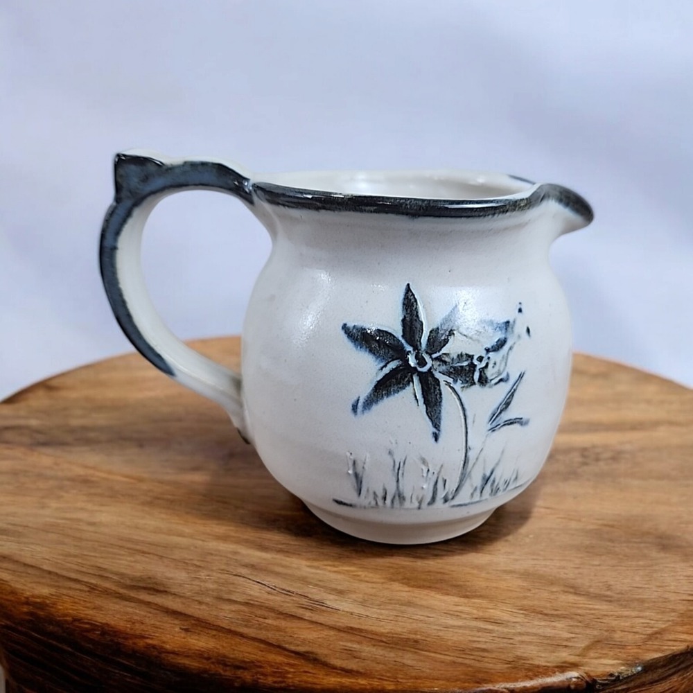 Vtg Studio Art Pottery Stoneware Milk Jug Creamer Wildflower 1985 Artist Signed